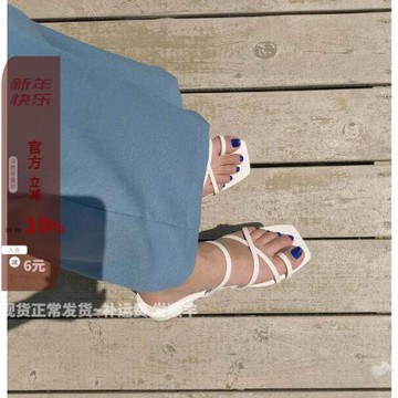 現韓國女鞋琪琪東大門2021年夏新款chic純色交叉細帶套趾低跟涼鞋