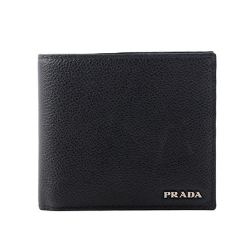 PRADA 銀字Logo 粒紋皮革對開零錢袋短夾(黑色)