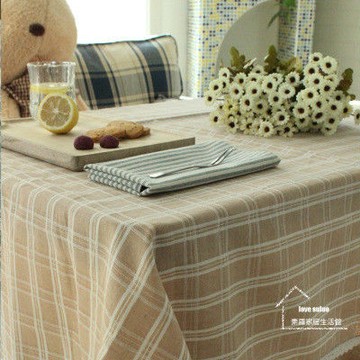 【協貿】地中海方格棉麻黃色蕾絲小清新餐桌布藝蓋巾