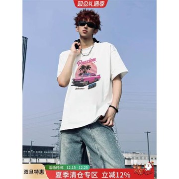 oversize美式西海岸夏日海邊賽車印花短袖t恤男寬松小眾潮牌上衣