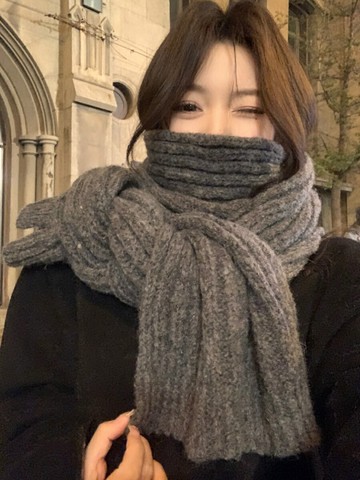 羊毛混紡針織純色毛線情侶灰色圍巾女秋冬加厚保暖百搭圍脖男