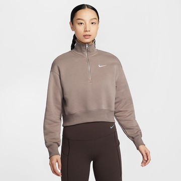 NIKE 長袖上衣 女 短版 寬鬆版型 磨毛 AS W NSW PHNX FLC QZ CROP 棕 DQ5768-233 (3S4202)