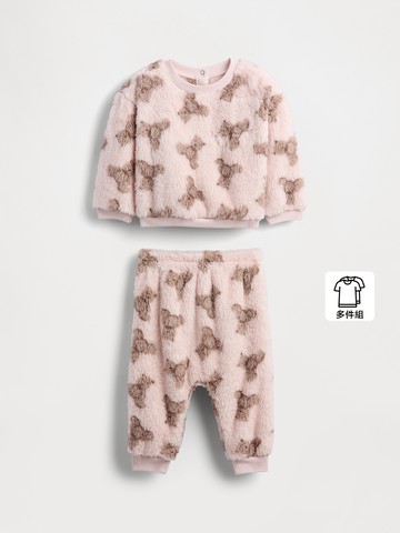 嬰兒裝 小熊印花圓領長袖長褲家居套裝-淺粉色
