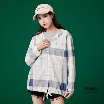 防曬衣女士夏季紋拼色連帽排扣休閒寬鬆上衣外套格子【聚物優品】