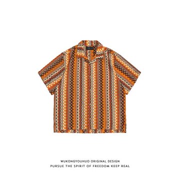 悟空有貨復古民族風鏤空編織古巴領襯衫男夏季撞色設計感短袖襯衣