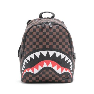 SPRAYGROUND 雙拉鍊隔層磚紋棋盤格鋸齒鯊後背包 咖色 G570165
