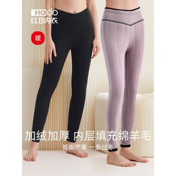 加厚含羊毛中老年打底襯褲紅豆