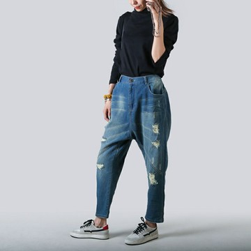 【巴黎精品】現貨+預購 復古牛仔褲大碼寬褲直筒褲裙落地褲休閒女裝-長款哈倫破洞印花復古女長褲子a1ir54