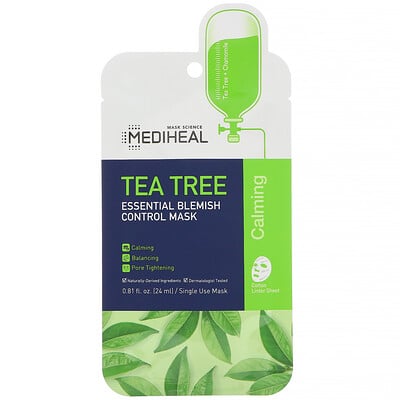 Mediheal 茶樹，精華除痘美容面膜，5 片，每片 0.81 盎司（24 毫升）