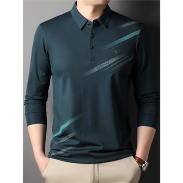 春秋季商務休閑polo衫男翻領長袖t恤中年男裝寬松大碼印花體恤衫