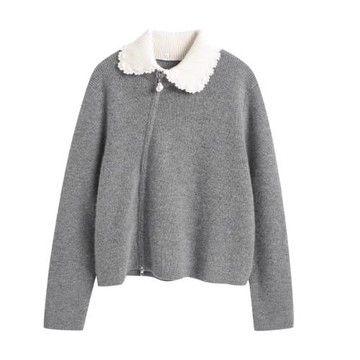 秋裝新款設計感撞色娃娃領斜拉鏈羊絨開衫女寬松時髦長袖毛衣外套