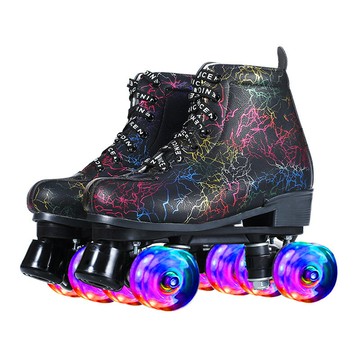 新款炫酷閃電雙排溜冰鞋 成人男女四輪閃光旱冰鞋 黑白PU輪滑鞋 鑫弘-戶外運動