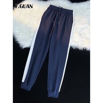 初高中學生校服褲男女薄款藏藍色寬松束腳褲一條杠拼色休閑運動褲