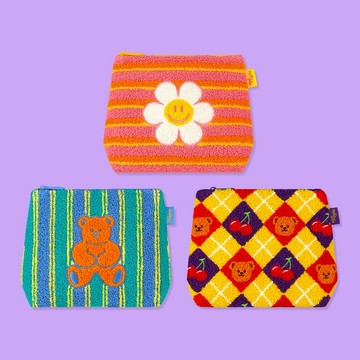 【blank.】Wiggle Wiggle 絨毛化妝包(菱格小熊/微笑小花/小熊)