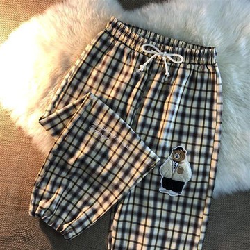 格子哈倫褲女春秋新款薄款百搭松緊腰休閑運動褲寬松小熊束腳褲子