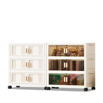 【Mr.box】78大面寬優雅摺疊磁吸雙開門三層收納櫃-附滑輪78三層-透茶色面板