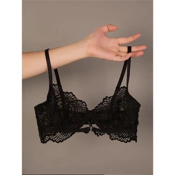 法式超薄款蕾絲內衣套裝女大胸顯小文胸上托黑色大碼透氣胸罩秋冬