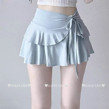 【𝐊𝐈𝐊𝐈𝐅𝐀𝐌𝐄】🩵𝐿𝑜𝑣𝑒𝑙𝑦.甜純少女👶🏻🎀韓妞甜美荷葉邊抽繩繫帶A字短裙 荷葉邊裙 百搭短裙 綁帶裙 防走光裙