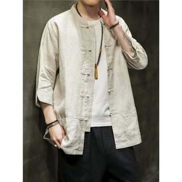 中國風男裝亞麻襯衫中式唐裝棉麻男士七分袖襯衣夏季復古立領上衣