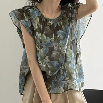 [米蘭精品] 現貨+預購 法式寬鬆襯衫上衣短袖罩衫T恤大碼休閒女裝-碎花圓領女上衣74ma74