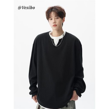 潮牌華夫格假兩件衛衣男冬季美式設計感長袖T恤寬松休閑情侶內搭