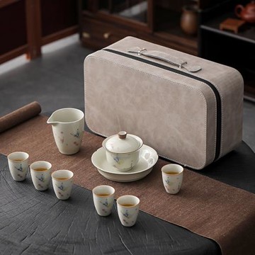 草木灰蝶戀花陶瓷蓋碗家用功夫茶具簡約高檔客廳會客小套裝禮盒