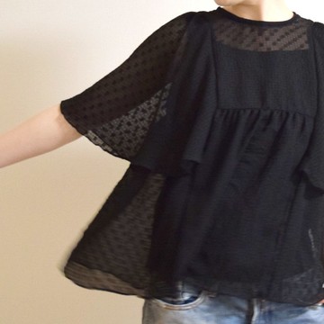 波爾卡圓點雪紡雙面蝴蝶袖緞帶襯衫黑定制