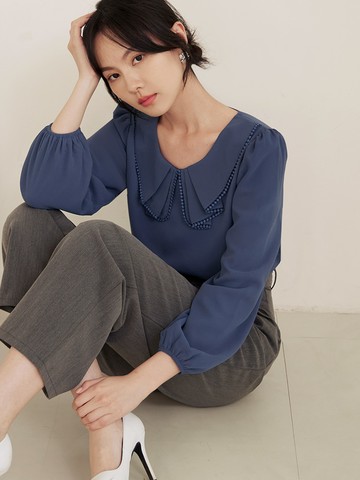 厚雪紡花邊打褶領衣襬縮口長袖上衣