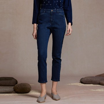 彈性天絲棉保暖口袋牛仔錐形褲