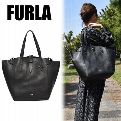 【美品】FURLA NET L トートバッグ レザー シボ革 A4可 ブラックヨコ28〜52cm