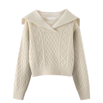 清倉撿漏~專柜撤回大牌外貿春秋新款洋氣大翻領短款針織衫毛衣女