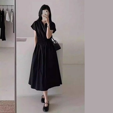 【巴黎精品】現貨+預購 連身裙短袖洋裝-V領收腰長款純色女裙子2色a1go15