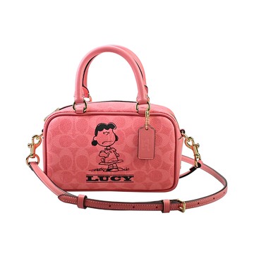 COACH  X PEANUTS史努比人物圖印珊瑚粉C LOGO PVC拼接素面皮革手提/斜背迷你小包