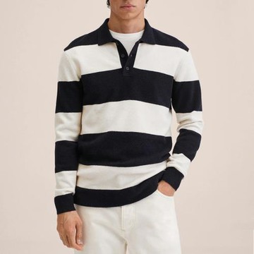 Men's Casual Knit T-Shirt歐美男裝條紋衛衣翻領休閑針織 T 恤男