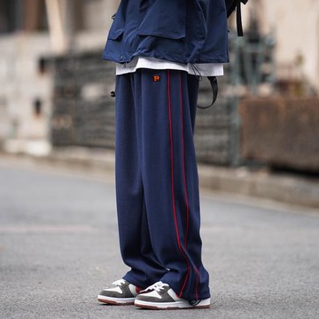 條紋運動褲男春秋新直筒寬松休閑褲美式hiphop衛褲男士大碼闊腿褲