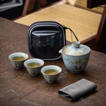 汝窯旅行茶具套裝戶外便攜式快客杯功夫茶具一壺三杯可養廠家