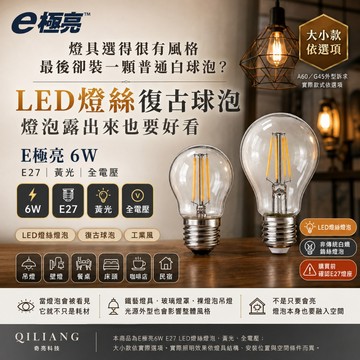 E極亮 LED 燈絲燈泡 6W 黃光 E27 鎢絲燈泡 全電壓 工業風 復古球泡 A60 G45 含稅 26/6