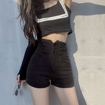 提臀黑色牛仔超短褲女夏季辣妹年新款超高腰緊身顯瘦彈力熱褲