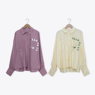 【MOSS CLUB】口袋圍繞兔兔繡花公主袖襯衫 粉 黃