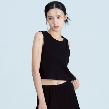 坑條系列 U領無袖寬肩背心(含胸墊)-黑色