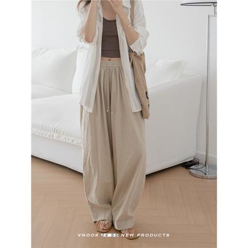 VNOOK 亞麻棉闊腿褲女夏季新款弧形垂感拖地寬松休閑直筒長褲薄款