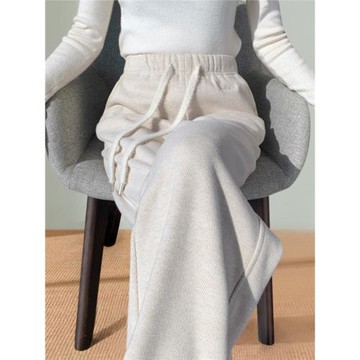 米白色闊腿褲女松緊腰2025新款秋冬加絨窄版毛呢顯瘦直筒休閑褲子