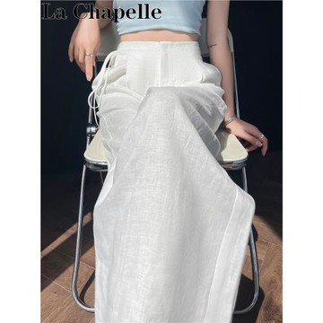 拉夏貝爾白色天絲亞麻山本褲女夏季冰絲薄款側邊系帶西裝闊腿裙褲