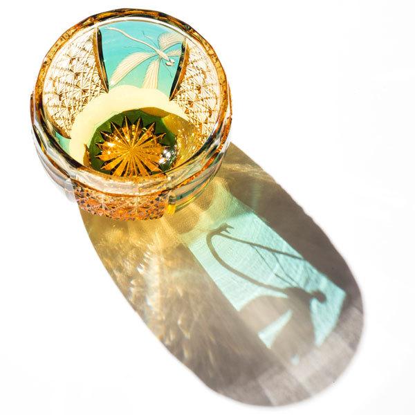 江戸切子×花岡グラヴィール　蜻蛉の酒杯　琥珀緑