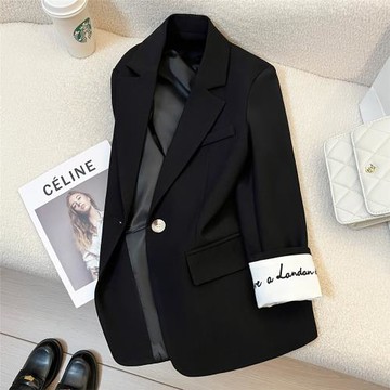 黑色刺繡西裝外套女2025春秋新款韓版休閑炸街時尚設計感西服上衣