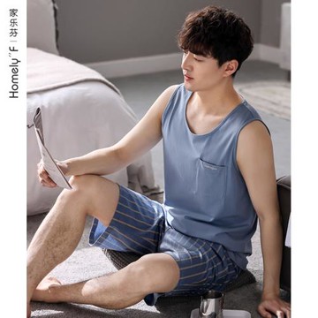 家樂芬睡衣男士夏季背心無袖短褲純棉家居服男款夏天夏款大碼套裝