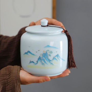 千里江山茶葉罐密封罐儲存茶罐瓷罐家用綠茶紅茶普洱龍井毛尖包裝