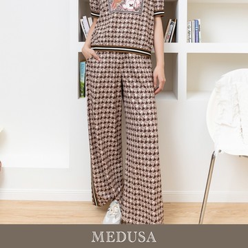 現貨【MEDUSA 曼度莎】粉棕千鳥格休閒寬褲（M-XL）｜女休閒長褲 長寬褲