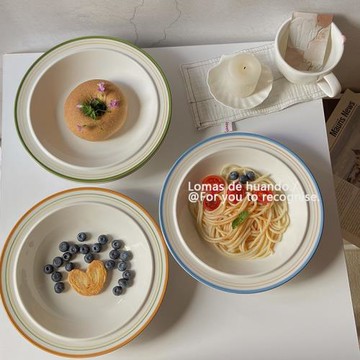 ins風意面盤描邊油彩畫深盤魚盤西餐甜品蛋糕盤復古陶瓷家用菜盤