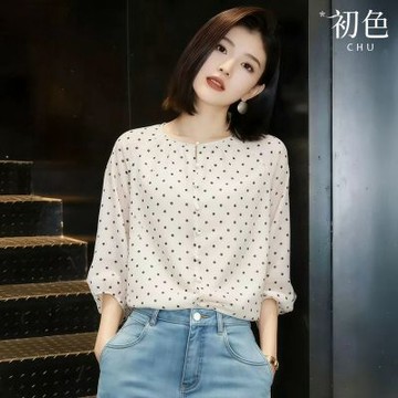 初色 復古休閒寬鬆圓領排扣波點七分袖連肩袖襯衫上衣女上衣-白色-50268(M-2XL可選)